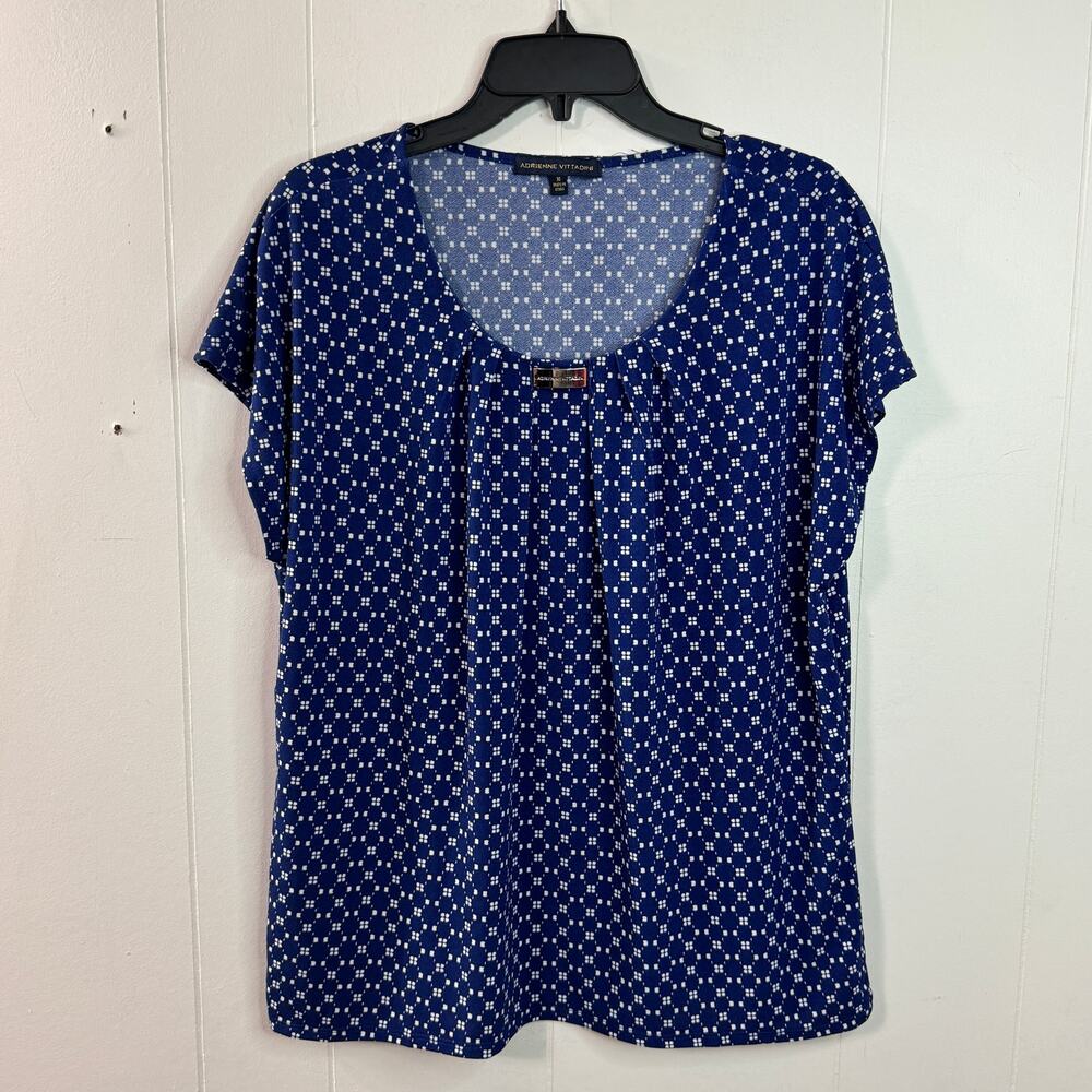 Adrienne Vittadini Womens Blouse Size XL Blue Short Cap Sleeve Round Neck